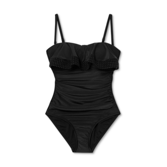 Kona Sol Bandeau One Piece Swimsuit Crochet Flounce Black Small swim 1222 - Picture 1 of 7